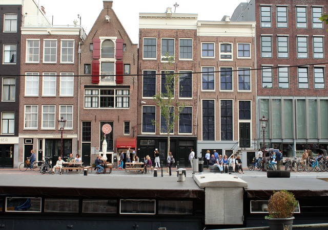 Historic Anne Frank House canal facade in Amsterdam.